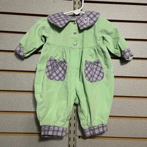 VTG LN Chicken Noodle Baby Girl Green Corduroy Plaid‎ Romper Jumper Size 6M